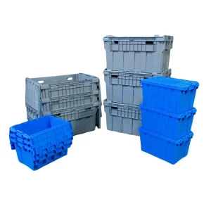 this image compares two different attached lid tote bins to demonstrate the variety offered